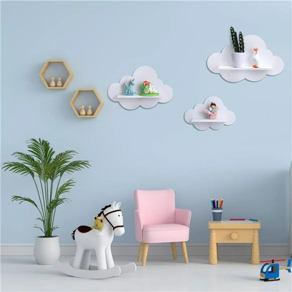 Set of 3 White Cloud Floating Shelves Wall Mounted Nursery Bedroom Bathroom Deco